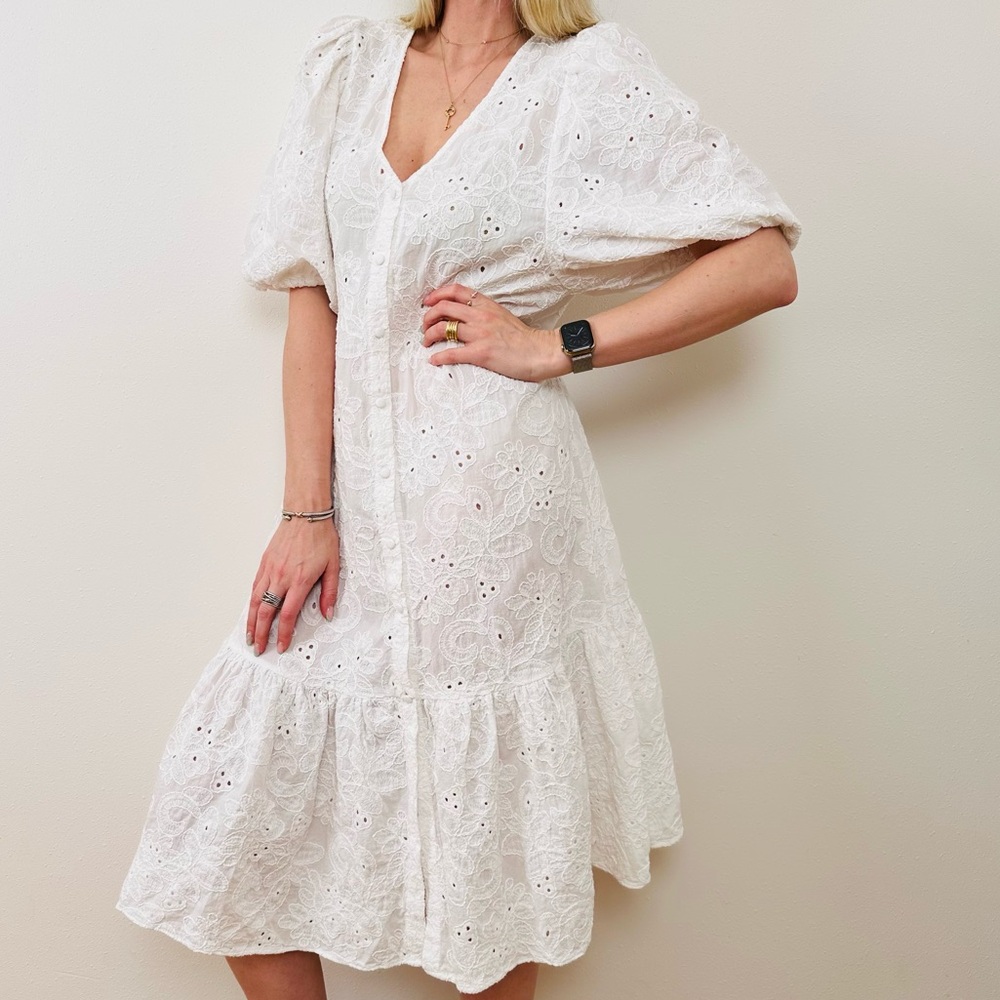 Zara White Ruffled Eyelet Tiered Prairie Boho V-neck Midi Dress